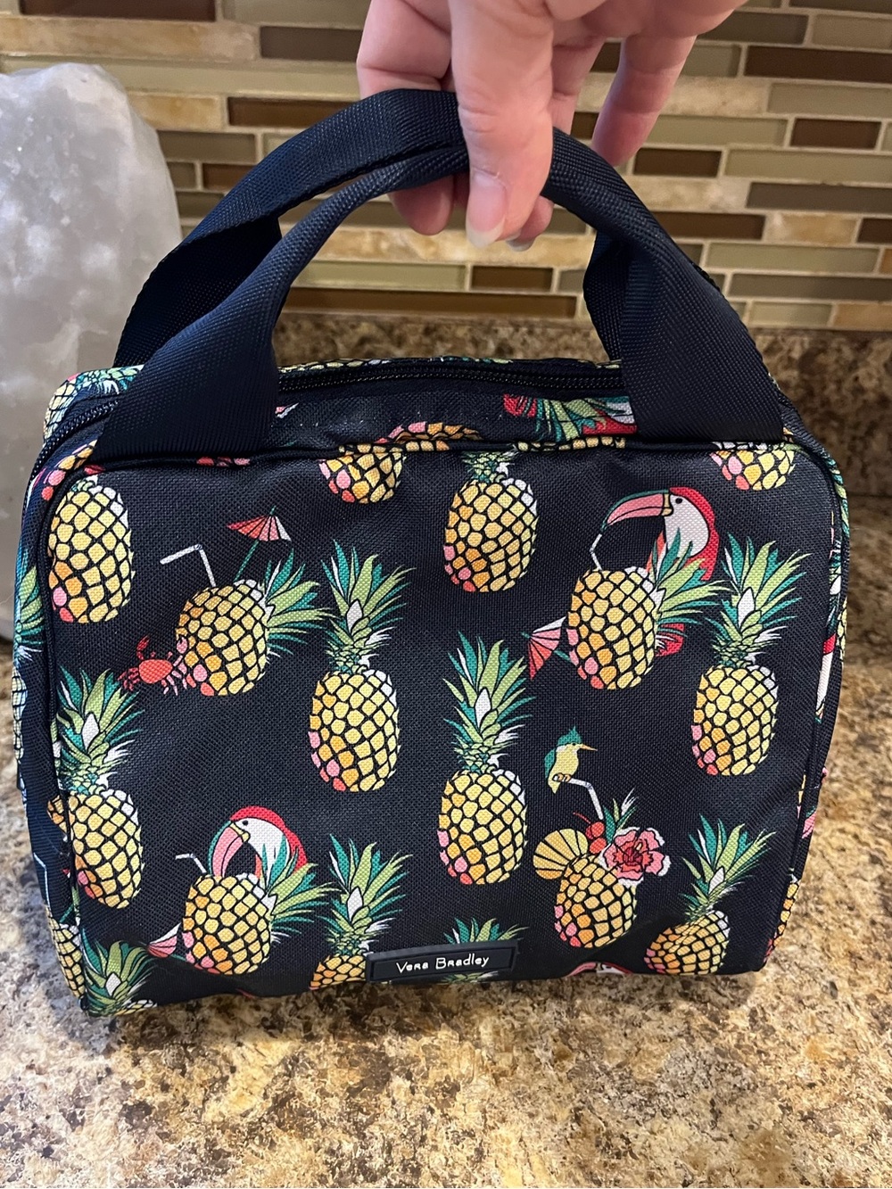 Vera Bradley Black Pineapple Print Insulated Tote with Teal and Pink Accents